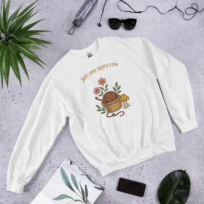 Just One More Row crochet cottagecore crewneck sweatshirt — White, front angled
