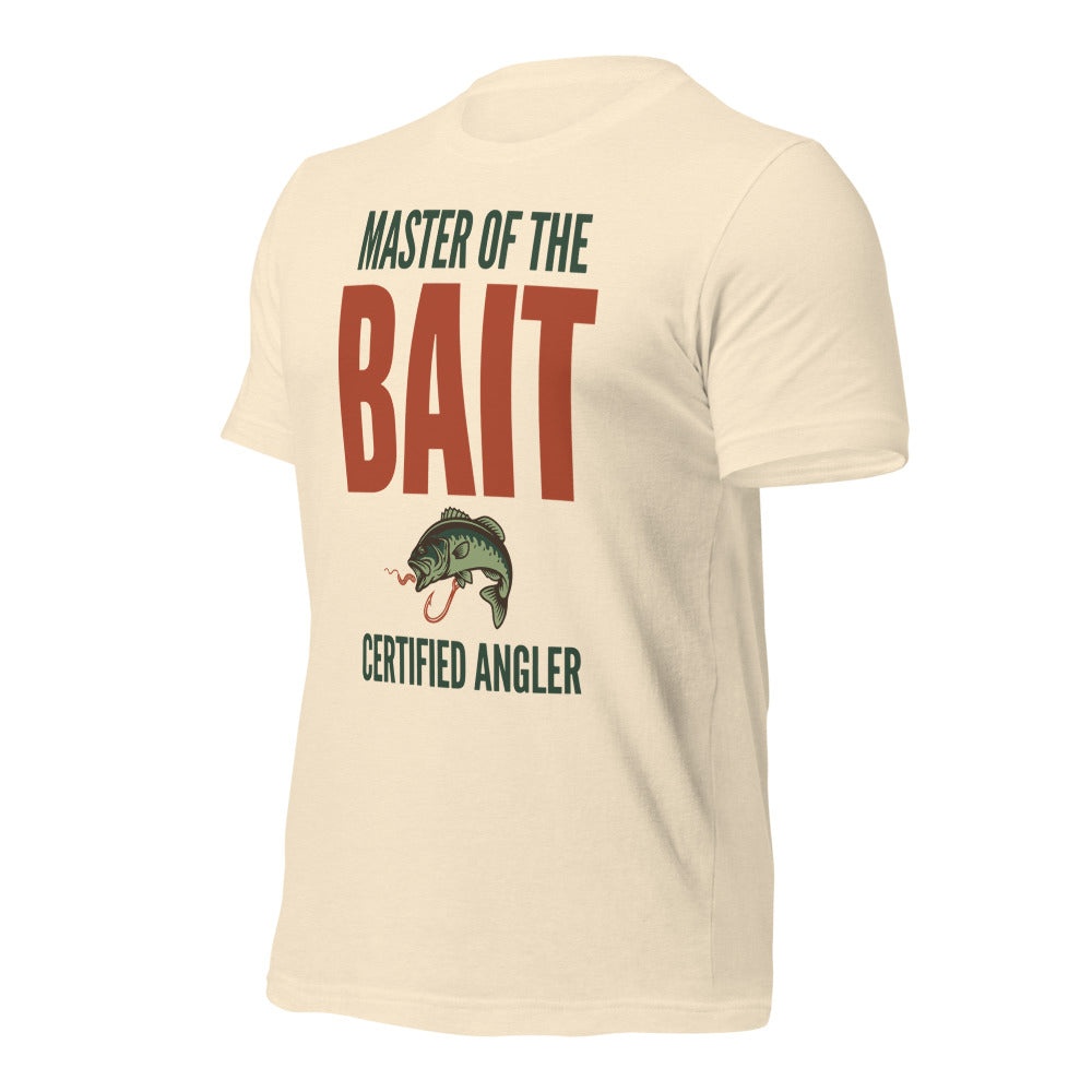 Master of the Bait retro fishing humor typography tee — Heather Natural, front-right