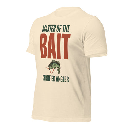 Master of the Bait retro fishing humor typography tee — Heather Natural, front-right