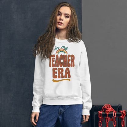 In My Teacher Era retro groovy teacher crewneck sweatshirt — White, on model