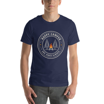 Happy Camper retro camp badge tee — Navy, on model