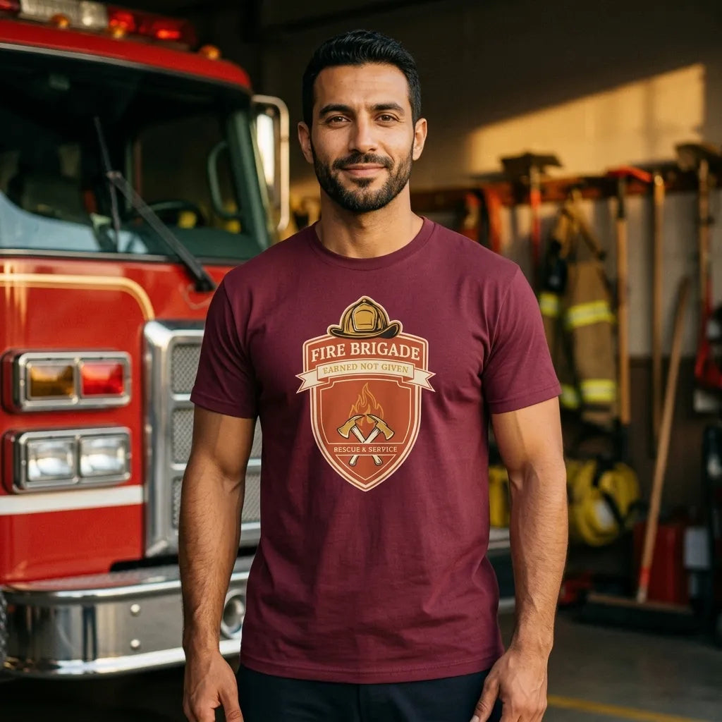 Fire Brigade Earned Not Given retro firefighter shield emblem tee — lifestyle