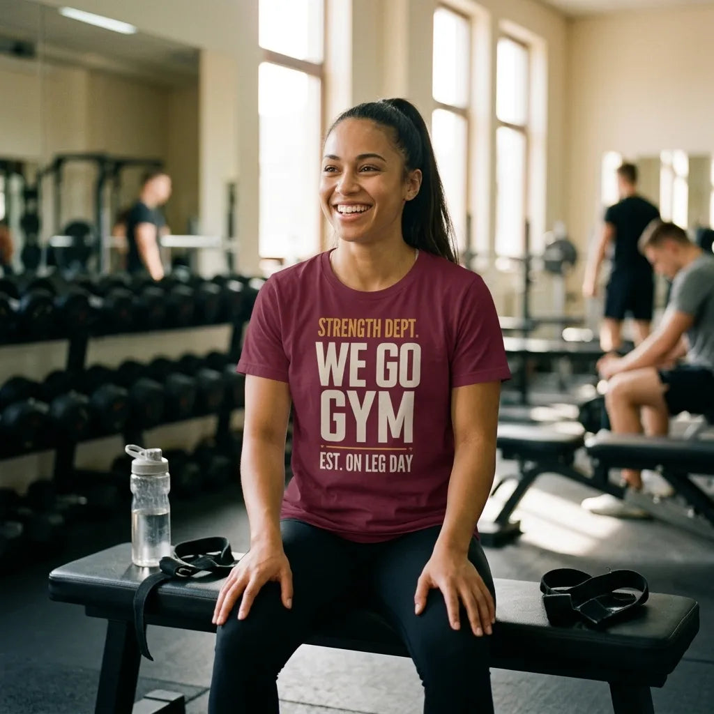 We Go Gym gym tee on a woman lifter at a gym bench — Maroon