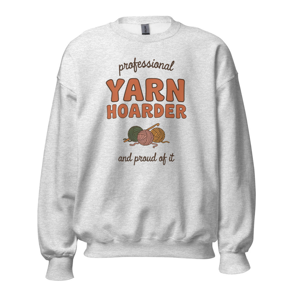 Professional Yarn Hoarder crochet cottagecore crewneck sweatshirt — Ash, front