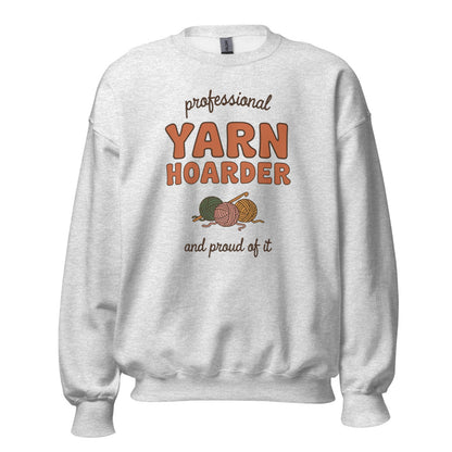Professional Yarn Hoarder crochet cottagecore crewneck sweatshirt — Ash, front