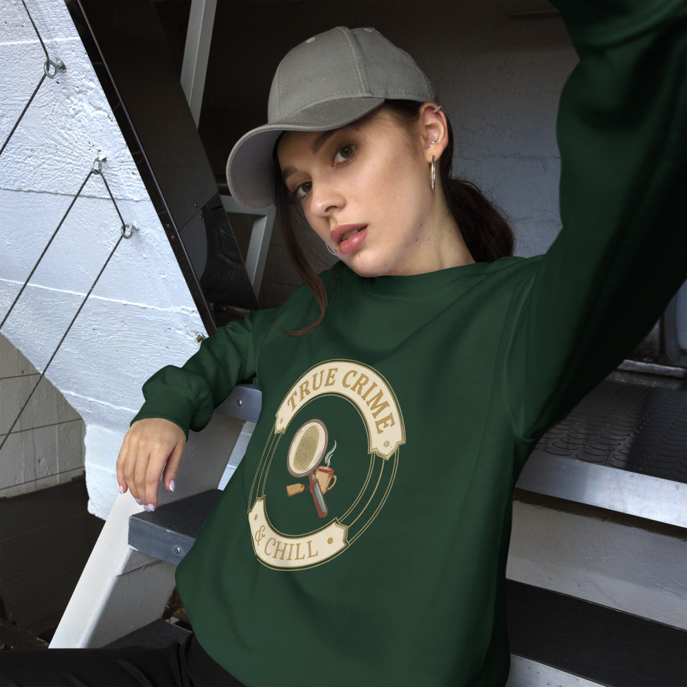 True Crime and Chill crewneck sweatshirt — Forest Green, on model