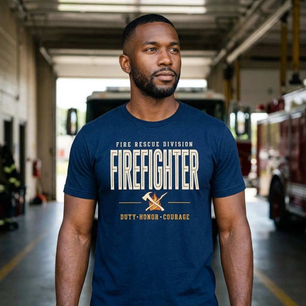 Firefighter collegiate wordmark retro fire-rescue tee — lifestyle