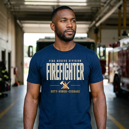 Firefighter collegiate wordmark retro fire-rescue tee — lifestyle