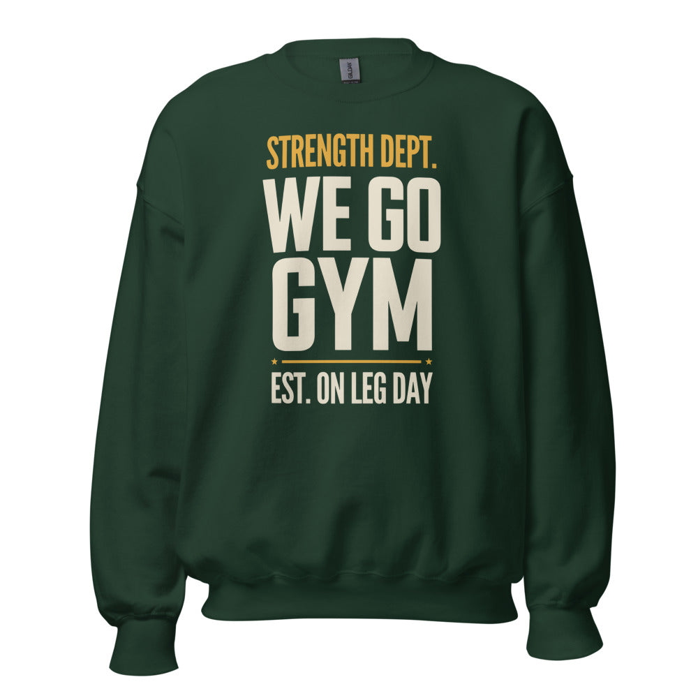 We Go Gym vintage athletic crewneck — Forest Green, front