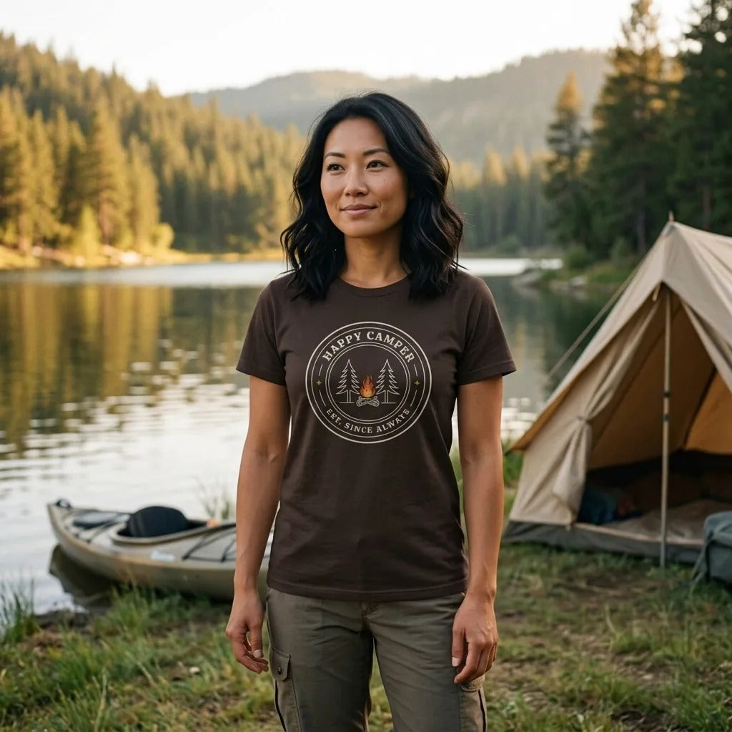Happy Camper retro camp badge tee — woman at a lakeside campsite, Brown