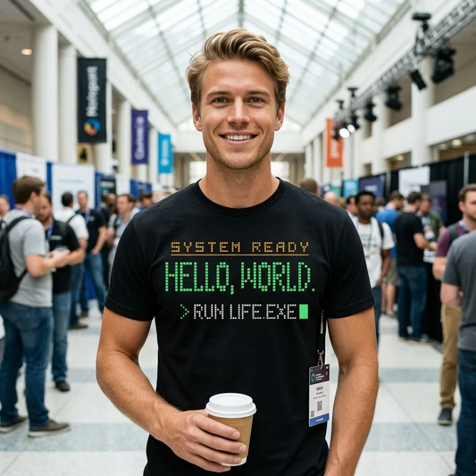 Hello World retro boot screen programmer tee — lifestyle