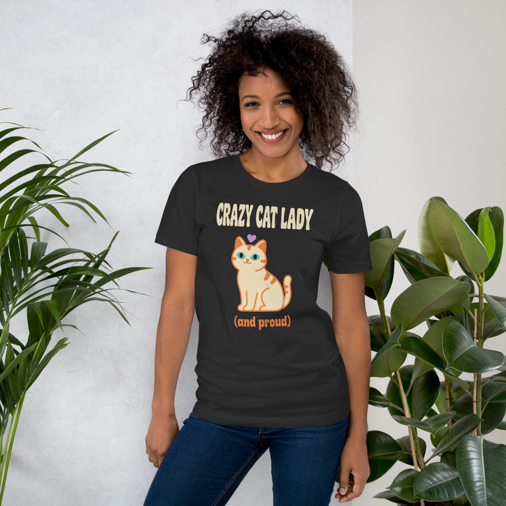 Crazy Cat Lady and Proud retro Y2K tee — Dark Grey, on model