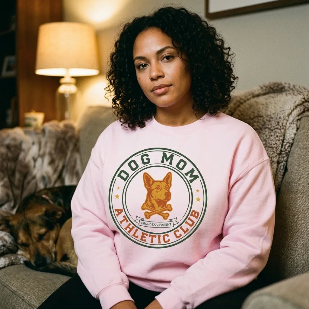 Dog Mom Athletic Club vintage varsity crest crewneck sweatshirt — lifestyle