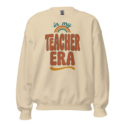 In My Teacher Era retro groovy teacher crewneck sweatshirt — Sand, front