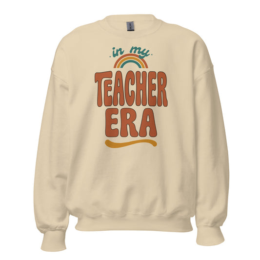 In My Teacher Era retro groovy teacher crewneck sweatshirt — Sand, front