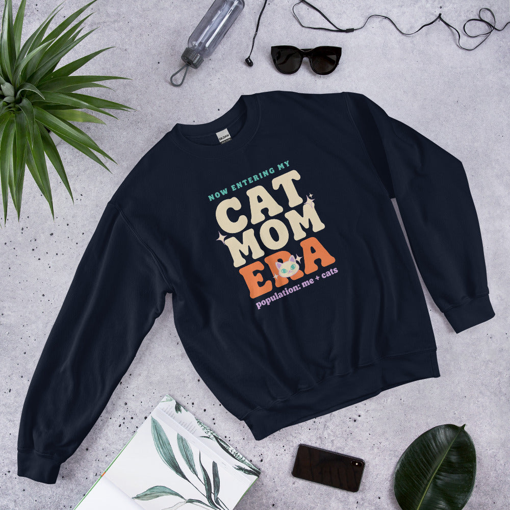Cat Mom Era retro Y2K crewneck sweatshirt — Navy, front angled