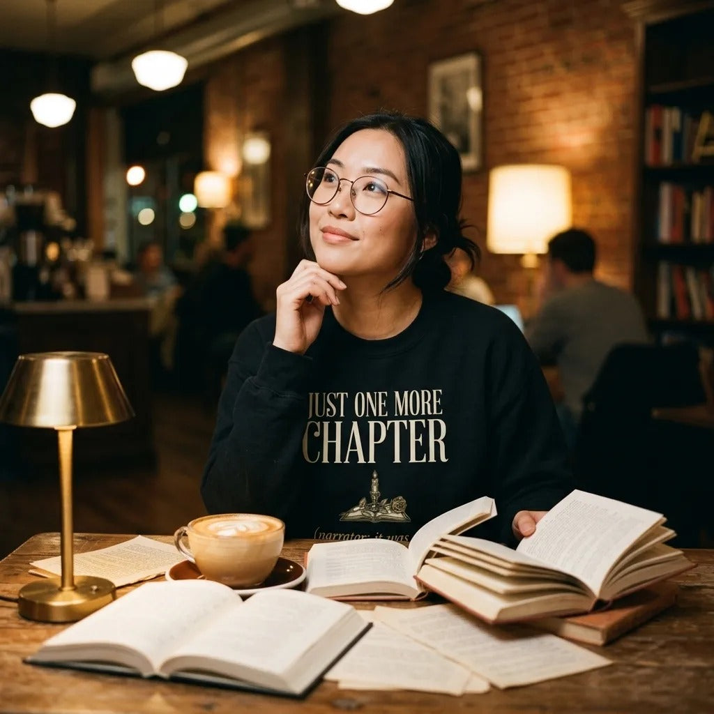 Woman at a cozy café wearing the Just One More Chapter book lover crewneck in Black (Black block)