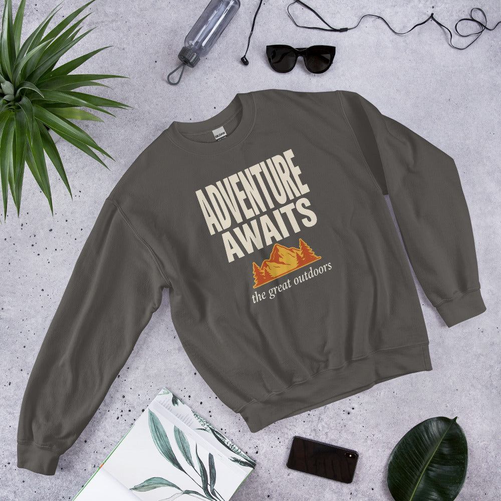 Adventure Awaits retro outdoors typography crewneck sweatshirt — Charcoal, front right