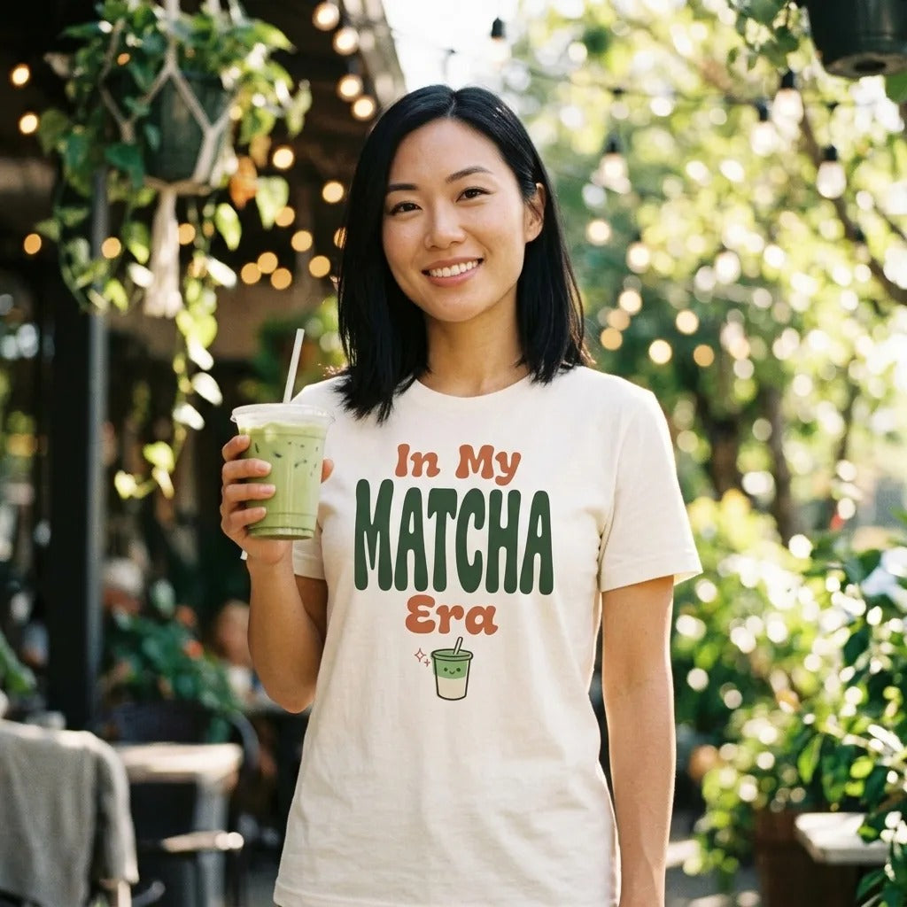 In My Matcha Era retro matcha tee — lifestyle