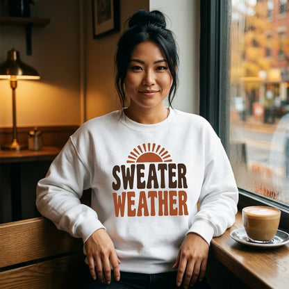 Sweater Weather retro 70s fall crewneck sweatshirt — lifestyle