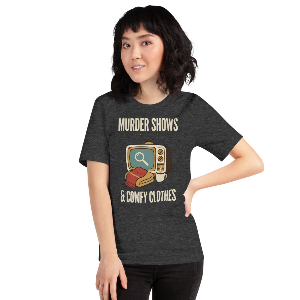 Murder Shows and Comfy Clothes cozy true crime tee — Dark Grey Heather, on model
