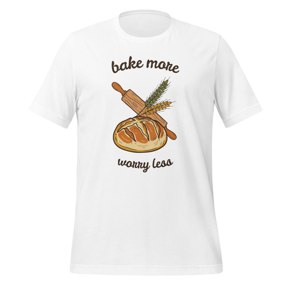Bake More Worry Less retro kitchen sourdough tee — White, front