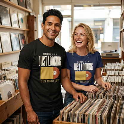 Just Looking Sixty Dollars Later vinyl record tee — lifestyle