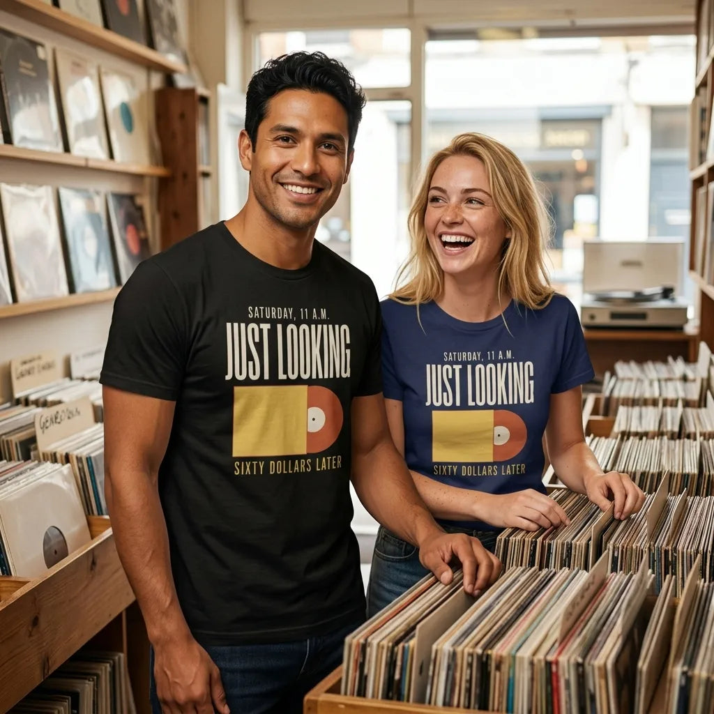 Just Looking Sixty Dollars Later vinyl record tee — lifestyle