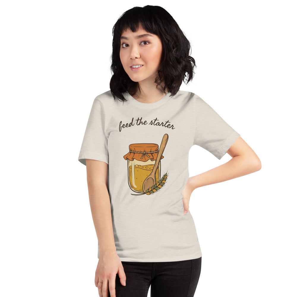 Feed The Starter sourdough baker tee — Heather Dust, on model