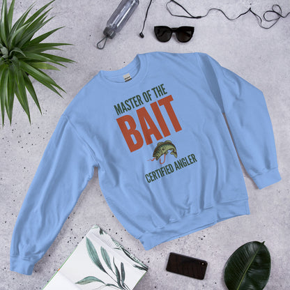 Master of the Bait retro fishing humor crewneck sweatshirt — Carolina Blue, flat front