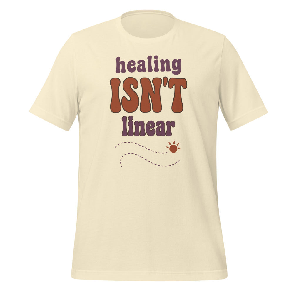 Healing Isn't Linear soft retro mental health tee — Natural, front
