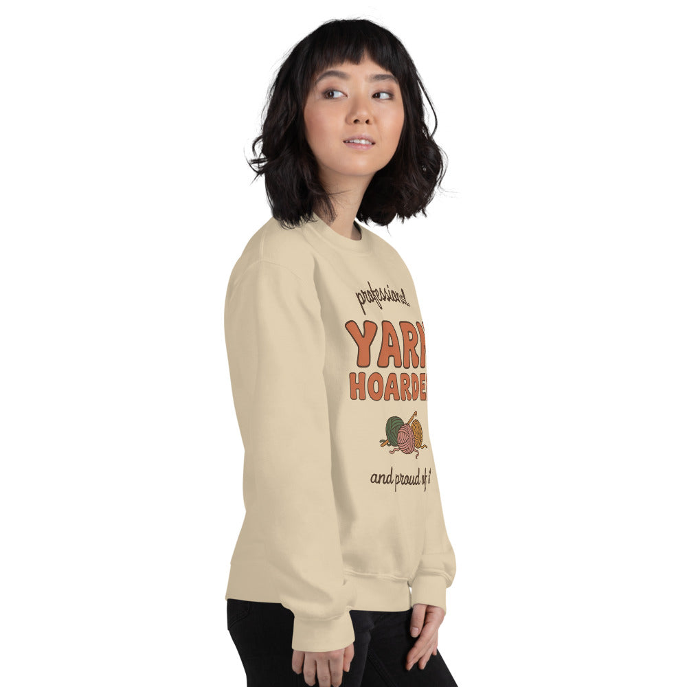 Professional Yarn Hoarder crochet cottagecore crewneck sweatshirt — Sand, model