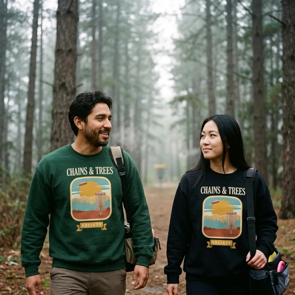 Two disc golfers on a misty wooded fairway wearing Chains & Trees Society crewneck sweatshirts — Forest Green and Black