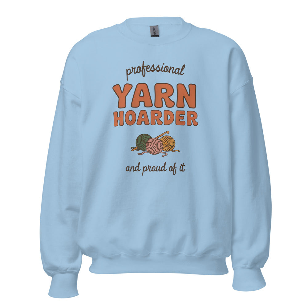 Professional Yarn Hoarder crochet cottagecore crewneck sweatshirt — Light Blue, front