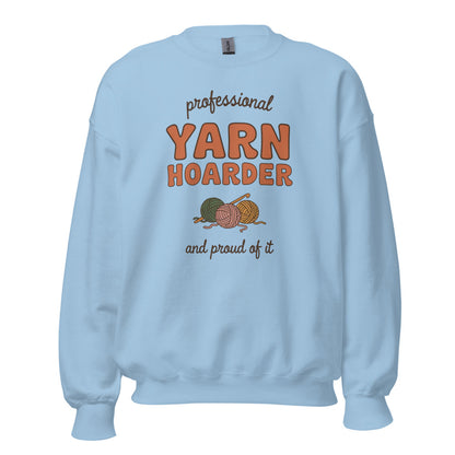 Professional Yarn Hoarder crochet cottagecore crewneck sweatshirt — Light Blue, front