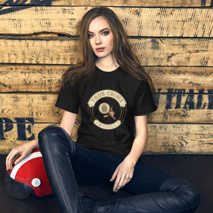 True Crime and Chill vintage case-file badge tee — Vintage Black, on model