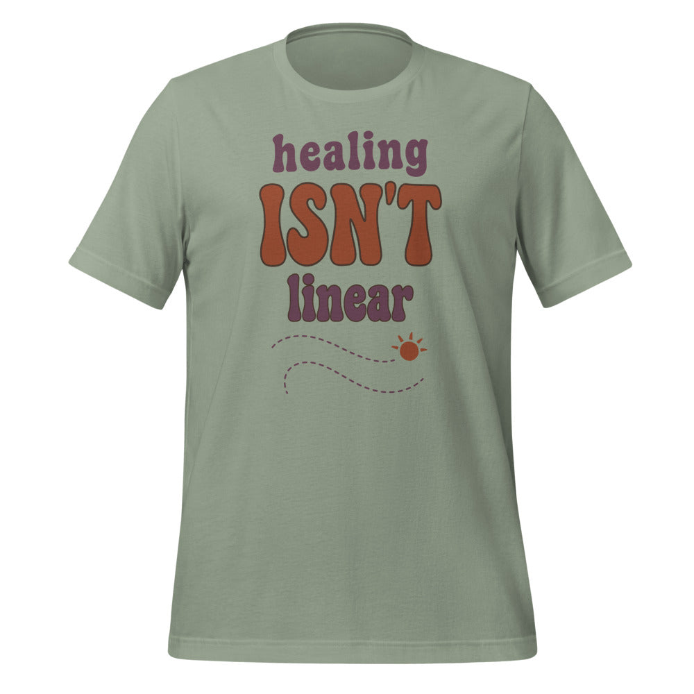 Healing Isn't Linear soft retro mental health tee — Sage, front