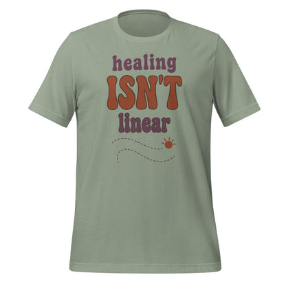 Healing Isn't Linear soft retro mental health tee — Sage, front