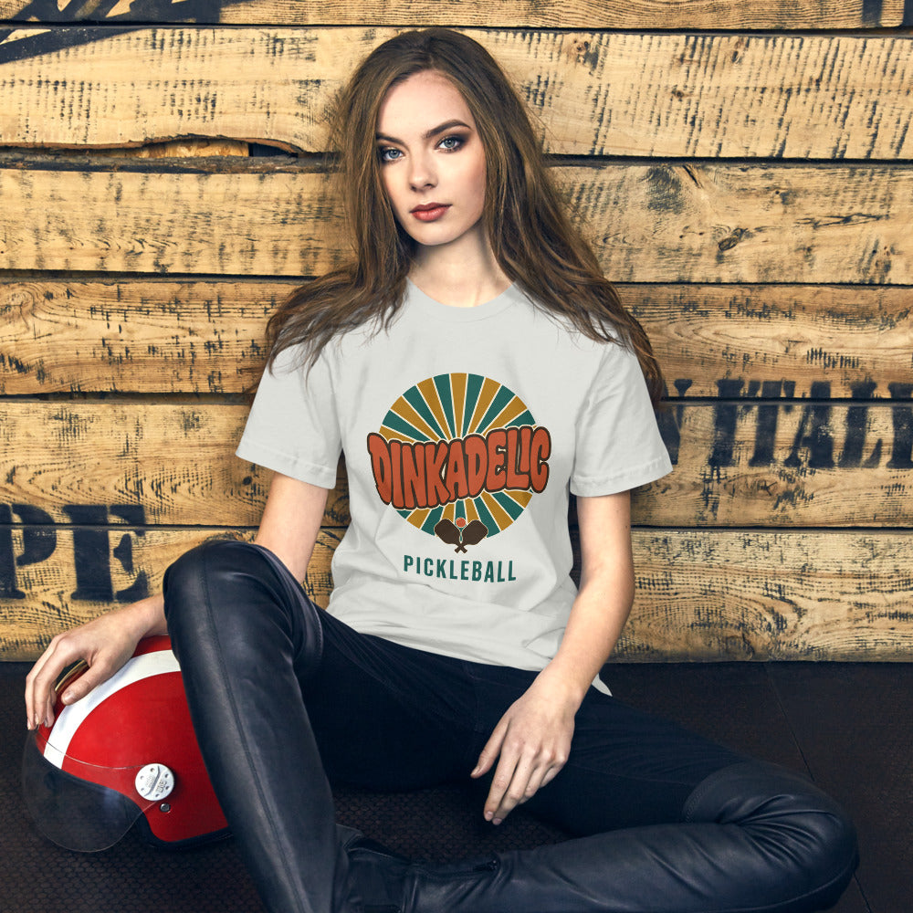 Dinkadelic retro 70s pickleball tee — Silver, on model