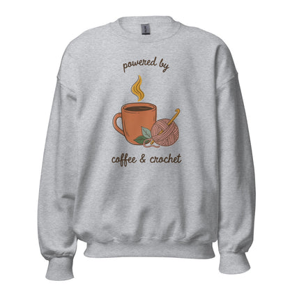 Powered by Coffee and Crochet cottagecore crochet crewneck sweatshirt — Sport Grey, front
