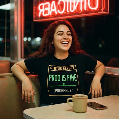Prod Is Fine programmer tee — lifestyle
