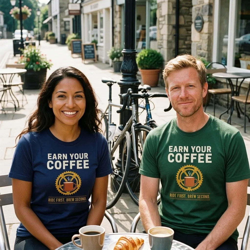 Earn Your Coffee retro cycling coffee t-shirt — lifestyle