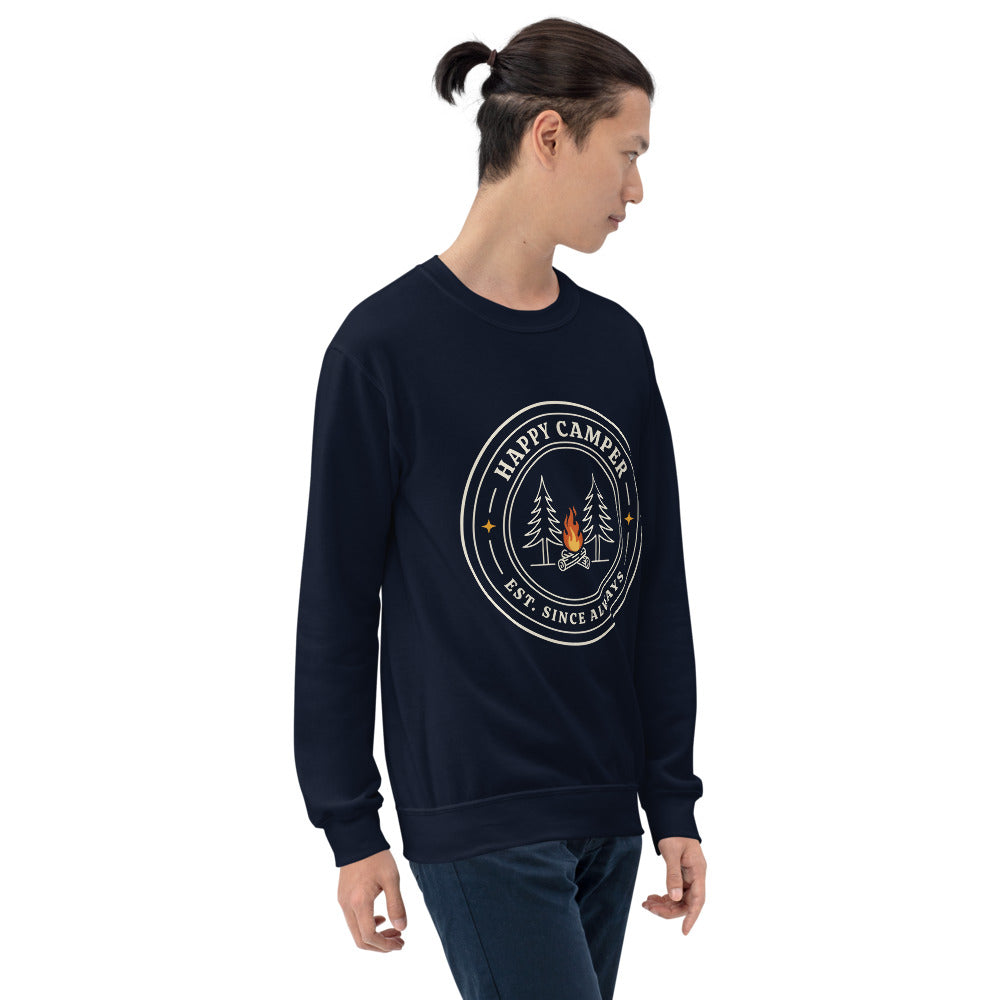 Happy Camper retro camp badge crewneck sweatshirt — Navy, on model
