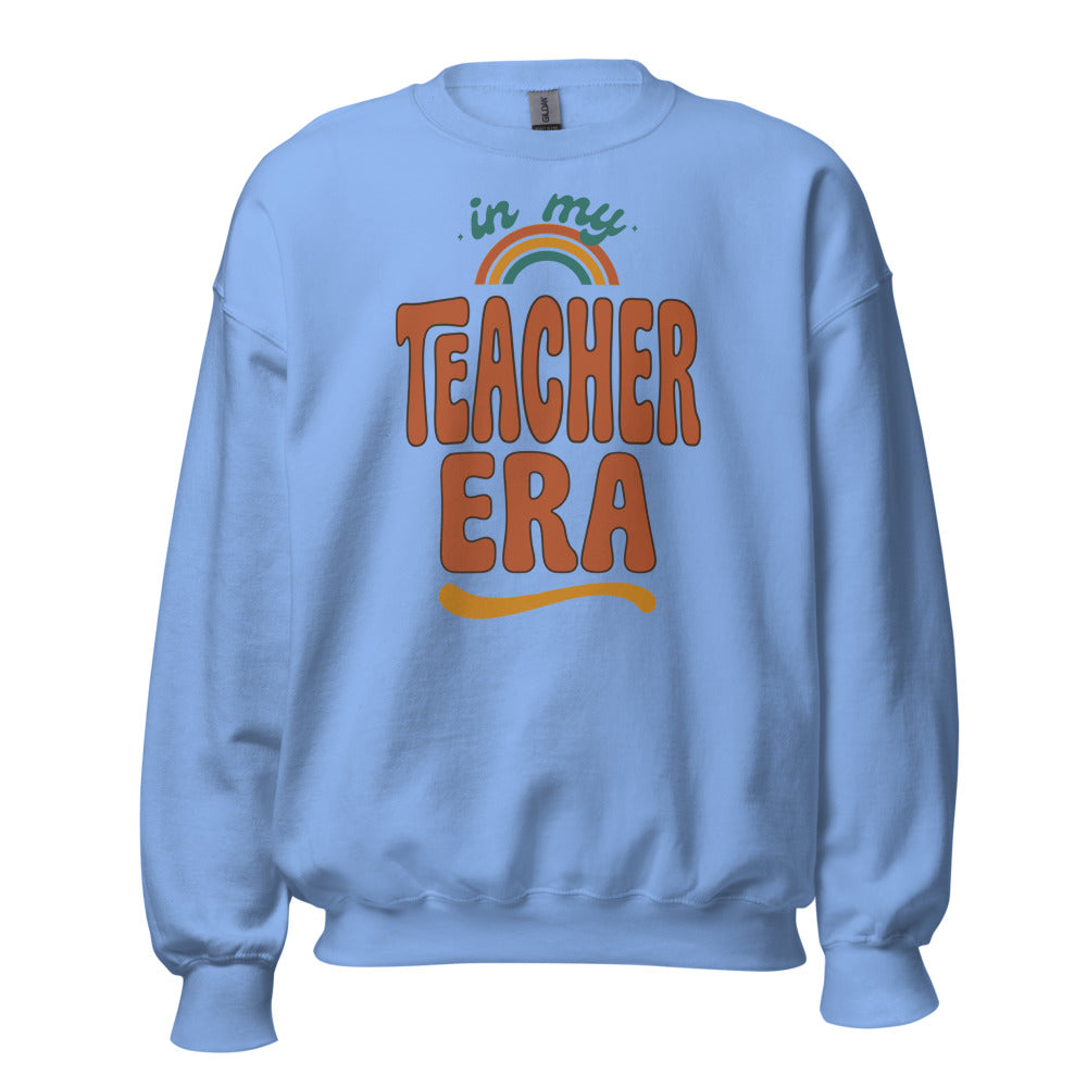 In My Teacher Era retro groovy teacher crewneck sweatshirt — Carolina Blue, front
