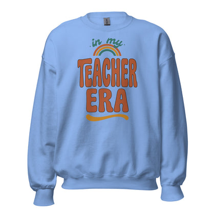 In My Teacher Era retro groovy teacher crewneck sweatshirt — Carolina Blue, front