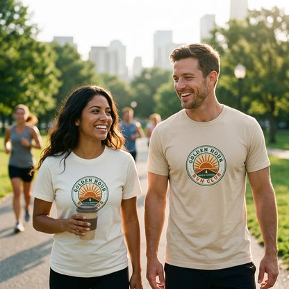 Golden Hour Run Club retro running tee — couple on a golden-hour city-park run, wearing Natural and Soft Cream