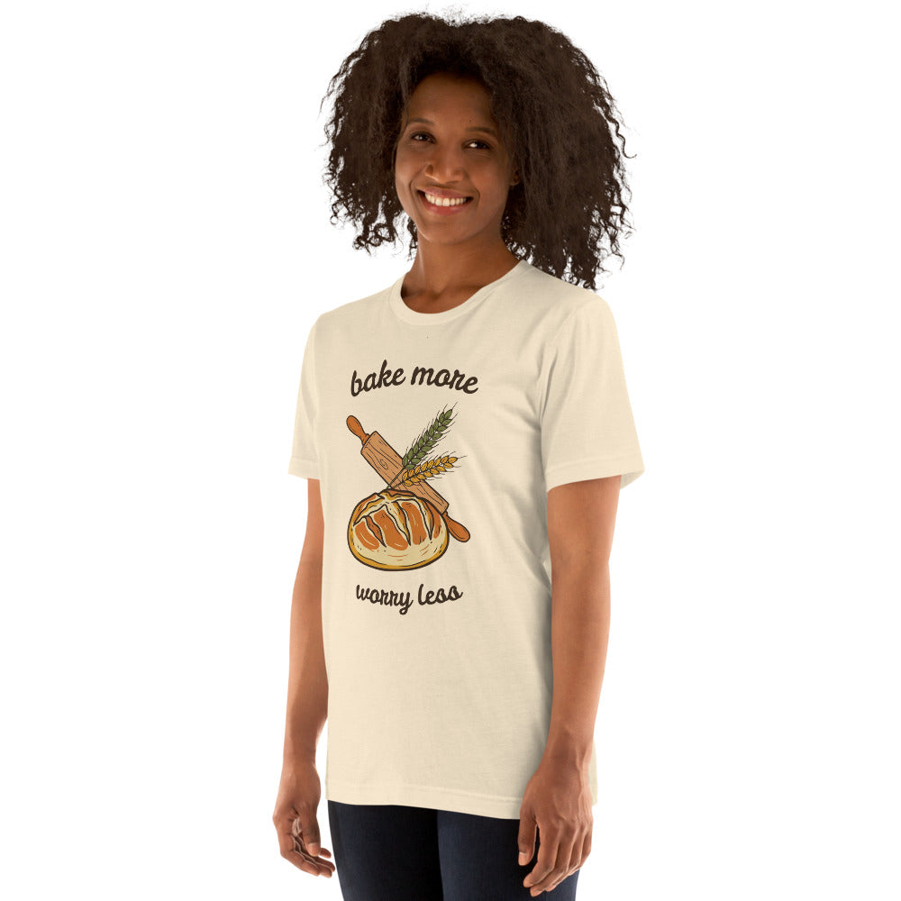 Bake More Worry Less retro kitchen sourdough tee — Heather Natural, on model