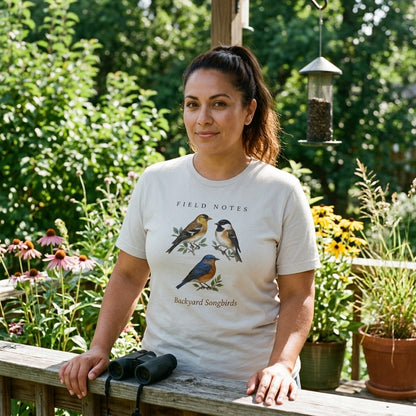 Backyard Songbirds vintage field-guide tee — lifestyle