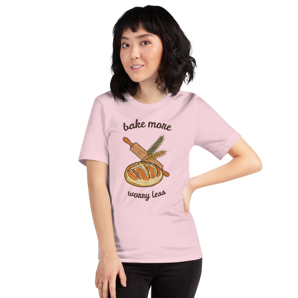 Bake More Worry Less retro kitchen sourdough tee — Soft Pink, on model