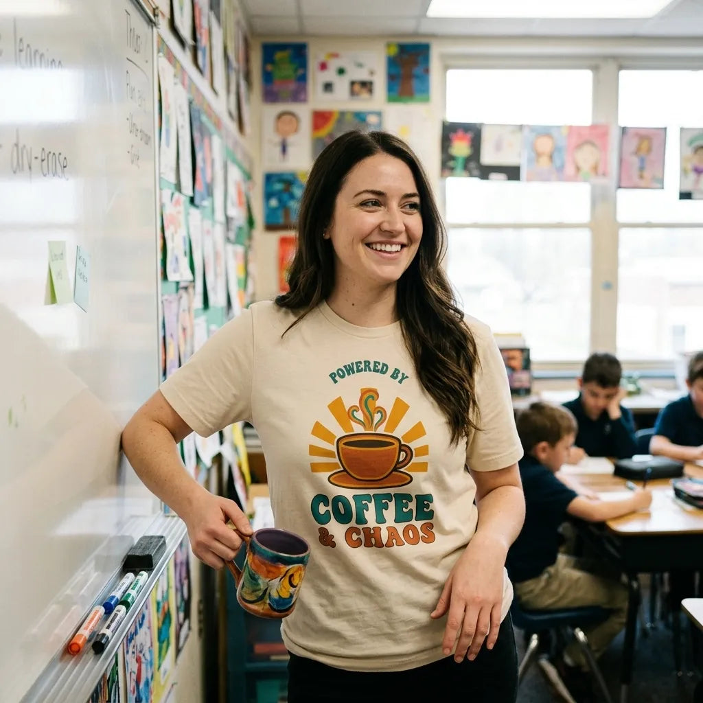White brunette teacher with a coffee mug at a classroom whiteboard wearing the Powered By Coffee And Chaos retro groovy teacher tee in Soft Cream